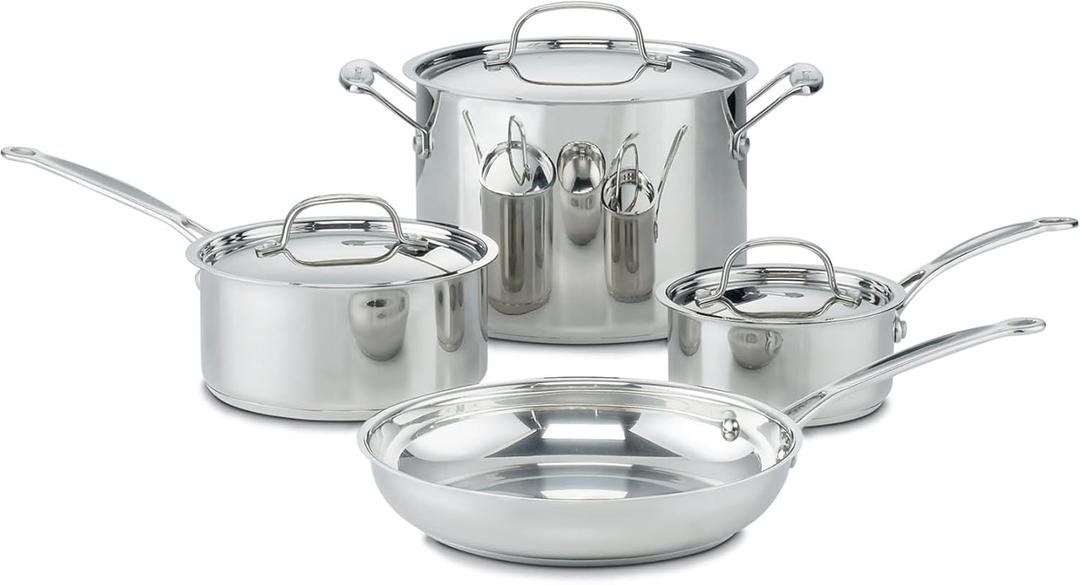 Cuisinart 7-Piece Stainless Steel Pots and Pans Set, Cookware Set Compatible with Induction, Electric, Gas Cooktops, Aluminum Core for Quick Even Heat, Cool Grip Handles, Dishwasher Safe, Oven Safe