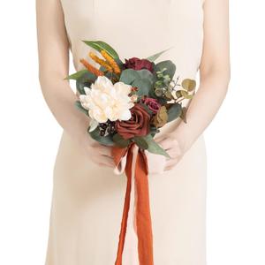 Ling's Moment Artificial Flowers Terracotta Bridesmaid Bouquet, Fall Wedding Flowers Bouquets for Bridesmaids, 7 Inch Bridal Bouquets for Bridesmaids, Wedding Decor, Ceremony, Anniversary, etc (Or-burnt Orange)