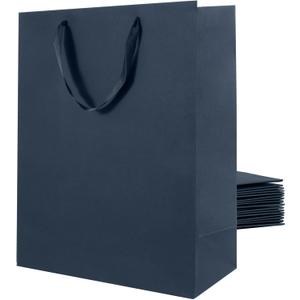 Large Navy Blue Gift Bag with Handles 12 Pack, 13''7''17'' Extra Large Gift Bag with Ribbon Handles, Reusable Heavy Duty Kraft Paper Bags Bulk for Shopping, Wedding, Party, Gift, Retail
