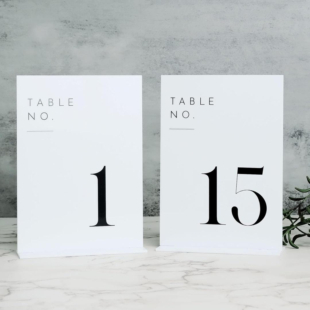 JINMURY White Wedding Table Numbers 1-15 with Stands, 5"x7" White Acrylic Table Numbers, Perfect for Wedding Reception, Party, Anniversary, Event (White Sign Black Font)