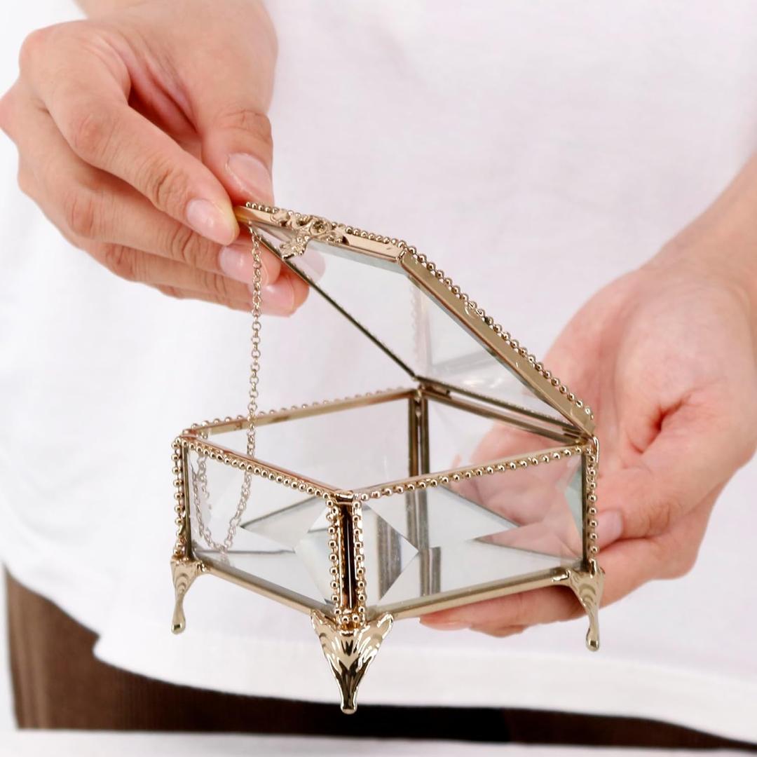 Rectangular Vintage Glass Jewelry Box with Hinged Lid,3.3x3.3x2.3Inches, Keepsake Box Storage for Rings,Trinket and More (Golden)