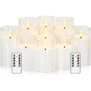 kakoya Flickering Flameless Candles Battery Operated with Remote and 2/4/6/8 H Timer Acrylic Led Pillar Candles Pack of 9 (D 3" xH 4" 5" 6") with Realistic 3D Wick Candles for Home Decor(White)