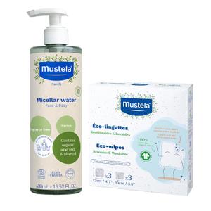 Mustela Certified Organic Micellar Cleansing Water & Reusable 100% Cotton Eco-Wipes Bundle - For Makeup Removal or Baby Quick Cleanups