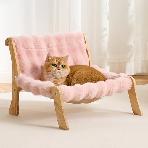 Kicari Solid Wood Cat Couch Bed for Indoor Cats, Modern Cat Sofa with Ultra-Soft Plush Surface Washable, Reclined Backrest, Elevated Elevated Cat Lounge Furniture for Small to Adult Pets, Sakura Pink