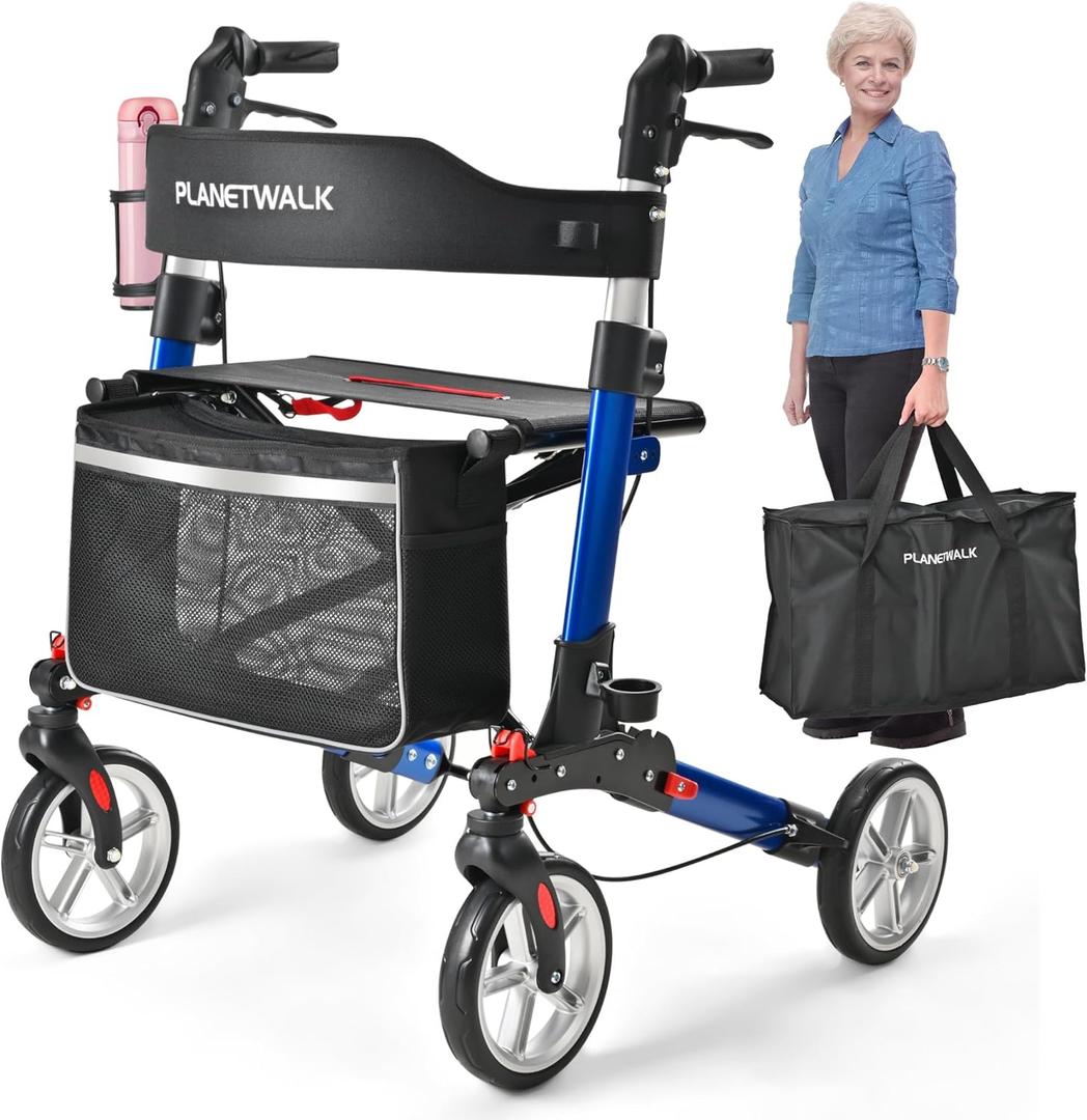 Double Folding Rollator Walker for Seniors - Lightweight Aluminum Frame with 300 lb Capacity, 8" All-Terrain Wheels, 6-Level Adjustable Height Rolling Walker with Travel Bag - Blue