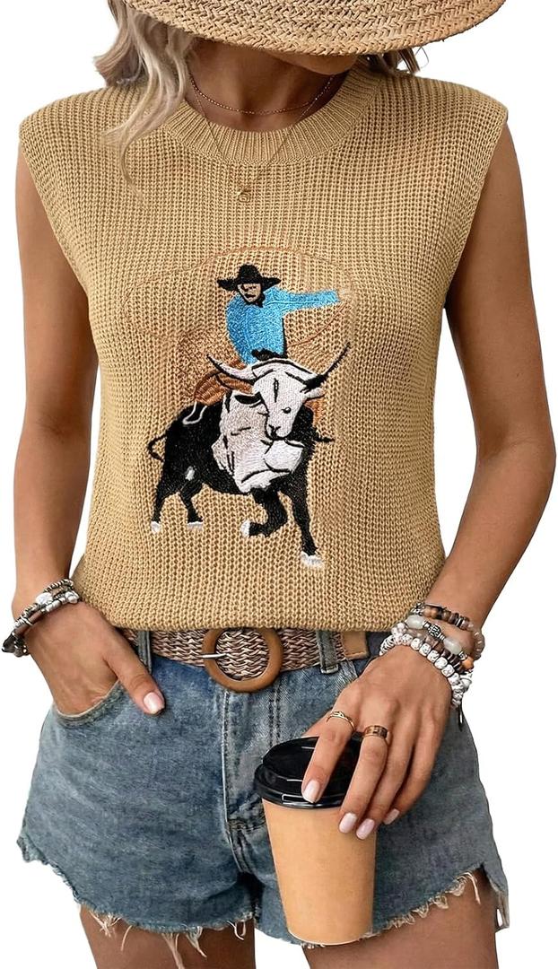 SHEWIN Women Summer Sweater Vest Sleveless Printed Tops Business Casual 2026 (Beige, S)
