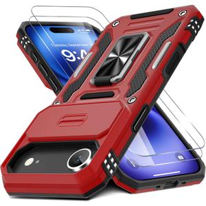 DEERLAMN Case for iPhone Air 6.5-Inch with Slide Camera Cover+Screen Protector(2 Packs), Rotated Ring Kickstand Military Grade Shockproof Protective Cover-Red