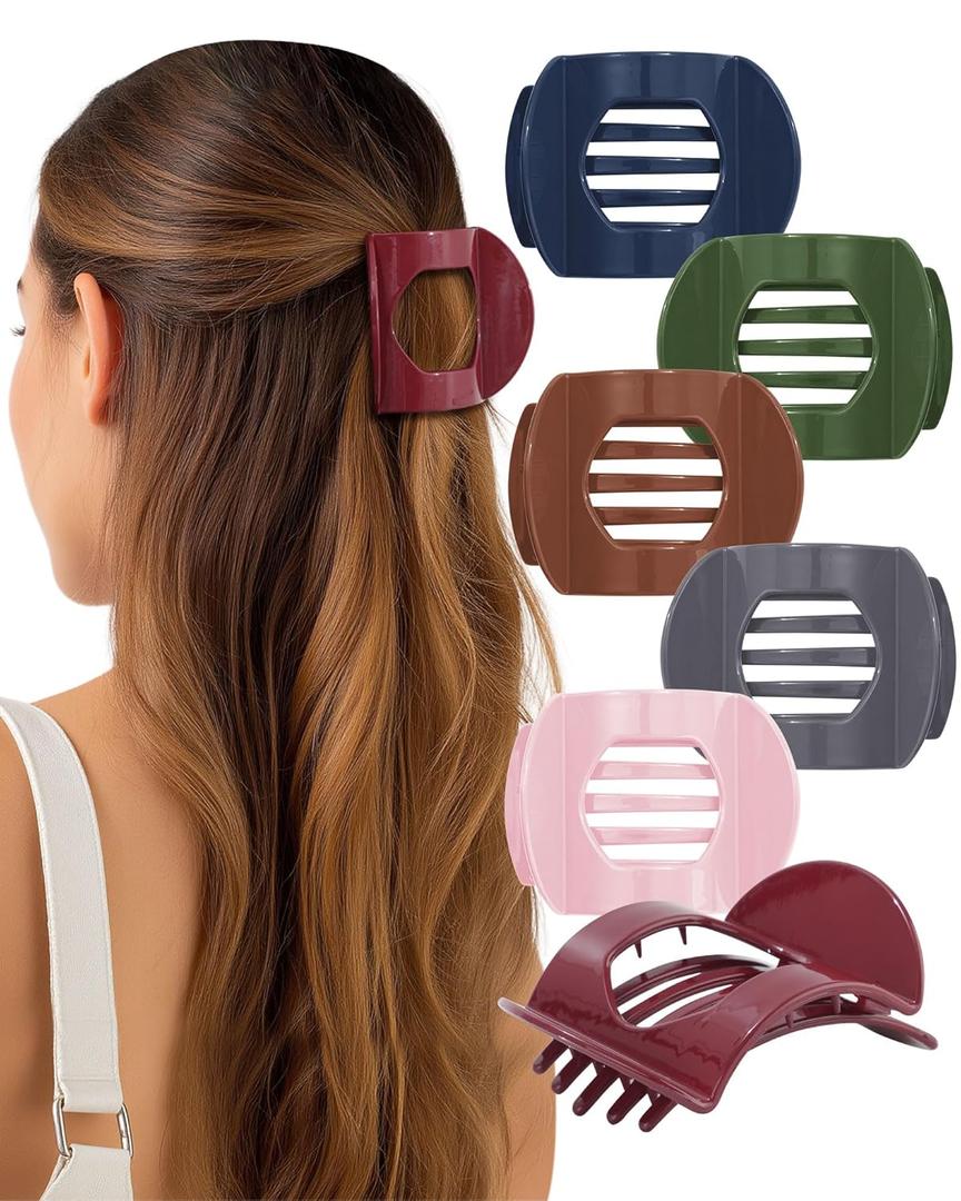 AWAYTR 6Pcs Flat Hair Clips for Women Strong Grip Curved Claw Clip for Thin Hair Non-slip Plastic Hair Barrettes (Navy + Burgundy + Gray + Pink + Orange + Green)