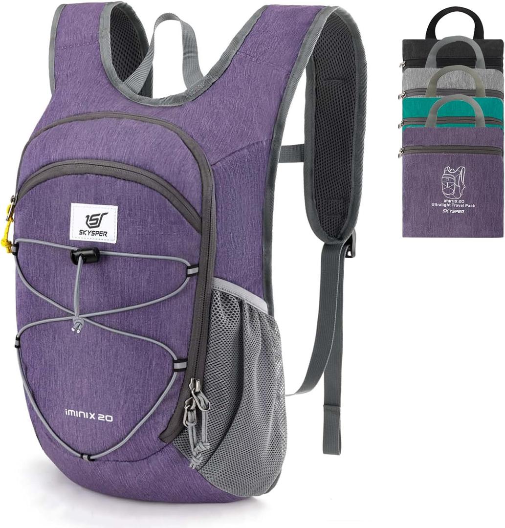 SKYSPER 15L/20L Foldable Hiking Backpack Lightweight Packable Travel Daypack with Chest Strap Small Folding Pack for Walking (Purple)