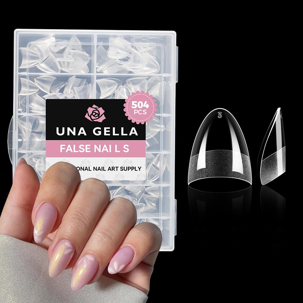 UNA GELLA Short Almond Gel Nail Tips: 504PCS Acylic Nail Tips Almond Shape Extra Short Pre Etched Half Cover 12sizes Salon Quality Soft Press On Nails DIY for Home Nails Extension
