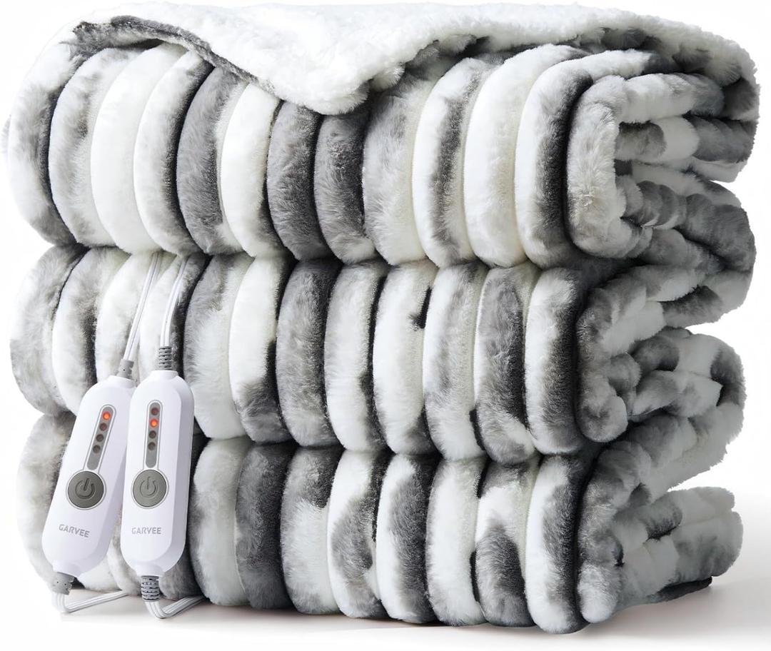 GarveeHome Heated Blanket Queen Size, Electric Blanket Cozy Faux Rabbit Fur with 4 Heating Levels & 10 Hours Auto Off, Over-Heat Protection, Machine Washable, ETL Certification, Marble Gray 84"x90"