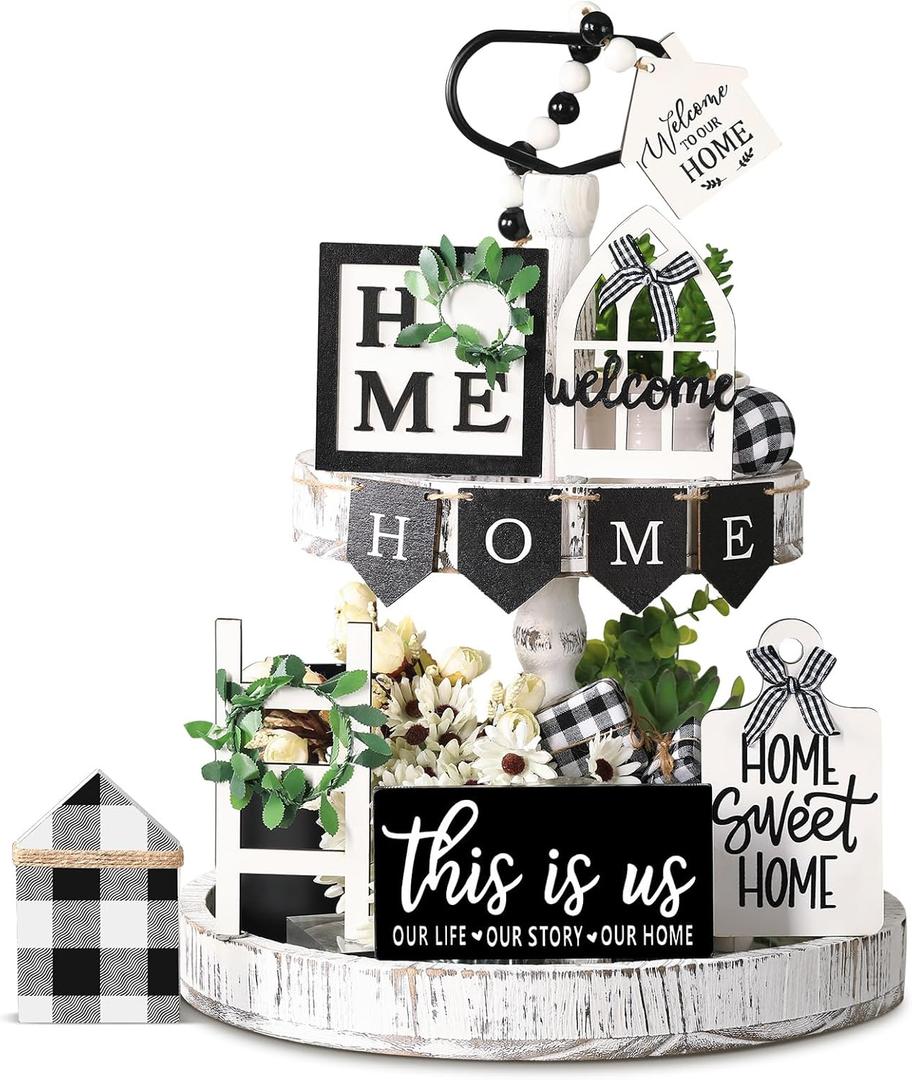 FairySandy Set of 11 Home Tiered Tray Decor This is us Rustic Farmhouse Tiered Tray Decorations Set Home Wooden Signs Vintage Farm Animal Farmhouse Tabletop Wood Signs for Kitchen Table Shelf Decor