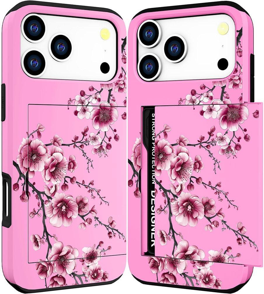 Compatible with iPhone 17 Pro Max Case Wallet Cute for Women with Design,Rugged Credit Card Holder Slot Protective Phone Skin Cases Girly Design (Pink Cherry Sakura Blossom)