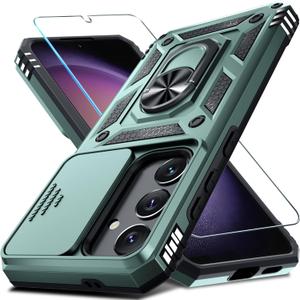 Janmitta Compatible with Samsung Galaxy S24 FE Case Built in Slide Camera Lens Cover+Screen Protector+Finger Ring Holder Kickstand,Heavy Duty Shockproof Full Body Phone Cover,2024 Dark Green