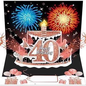 Uiorgui 40th Birthday Cards for Women, Pop Up Cake Blow Out Candle Fireworks Light and Music Black Rose Gold Happy 40th Birthday Card Gift for Women, Sister, Wife, Mom, Friends