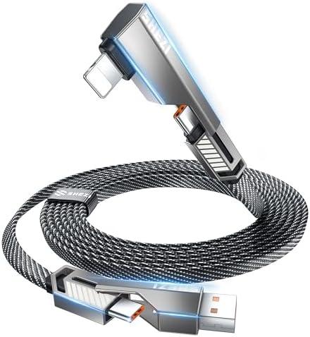 SHEZI 4-in-1, USB C Cable 10FT Compatible with Lightning Cable 90 Degree, Long Fast Charging Flat Nylon Braided for iPhone 16/15 Charger Cord, Multi Charging Combo with L/USB C/USB A Ports