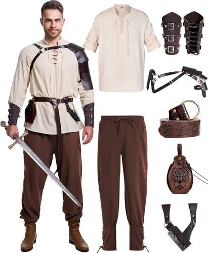 8 Pcs Men's Renaissance Costume Halloween Medieval Pirate Shirt Pant Viking Costume Accessories Set, XL