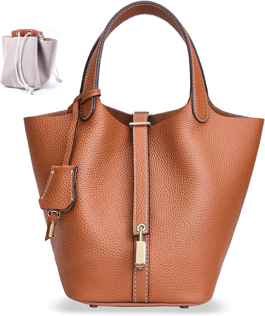 Designer Leather Bucket Bags for Women: Trendy Genuine Leather Tote Purses - Best Luxury Satchel Ladies Top-Handle Handbags for Traver & Work(Brown)
