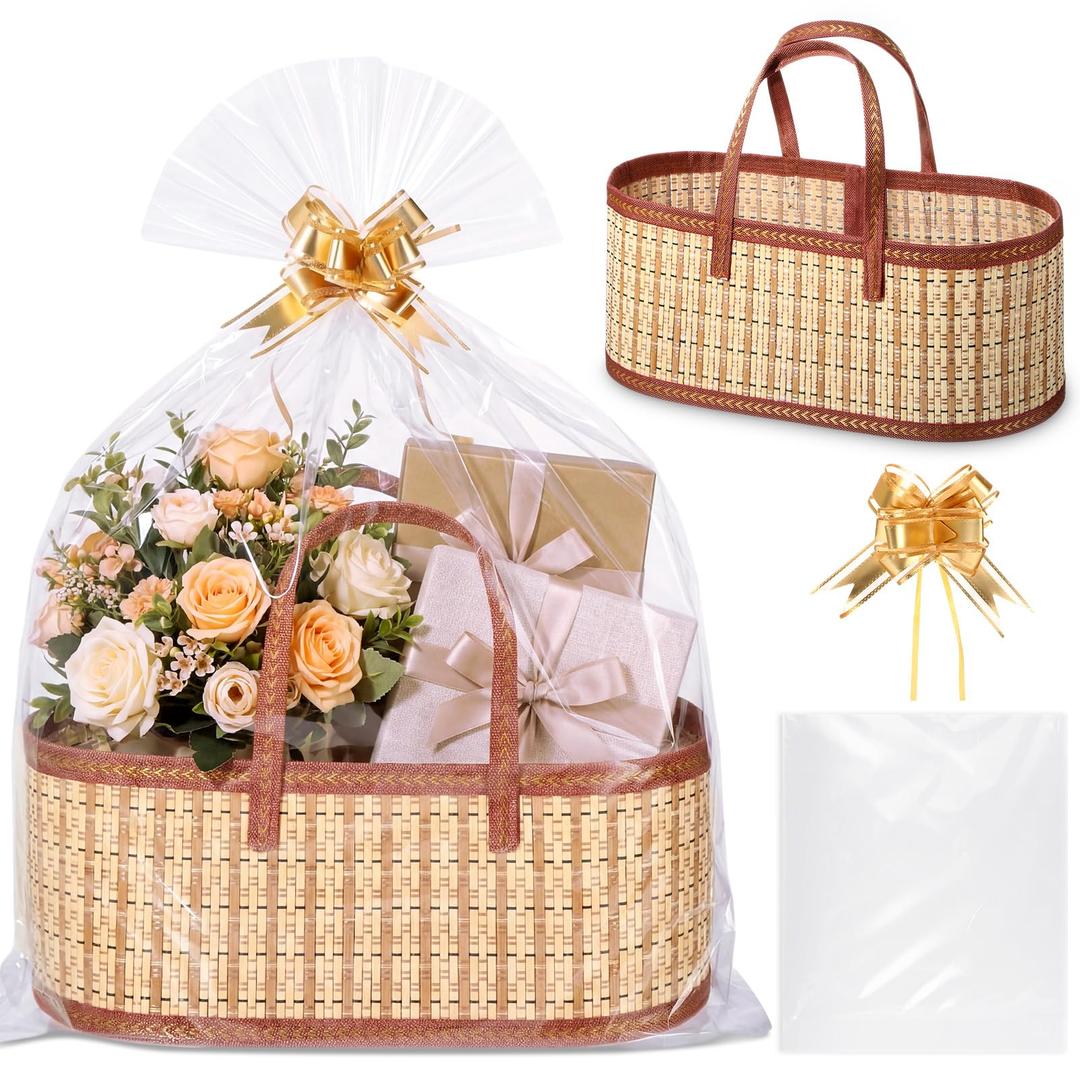 Reallnaive 1 Sets Empty Gift Baskets to Fill Large Bamboo Woven Baskets with Handles 15.8 x 7.9 x 6.3 inch Includes Clear Wrap Bags and Bows for Raffle, Baby Shower, Graduation,Wedding