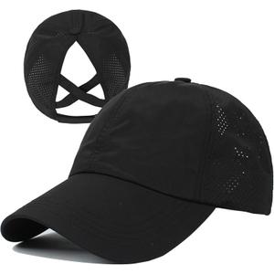 HGGE Womens Criss Cross Ponytail Baseball Cap Adjustable High Messy Bun Ponycap Quick Drying Hat (One Size, Black)