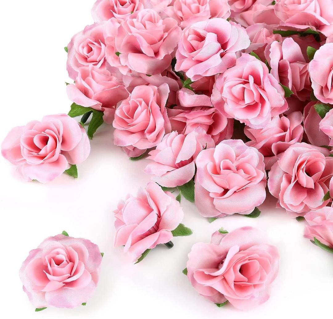 Kesoto 50pcs Pink Roses Artificial Flowers Bulk, 1.6" Small Silk Fake Roses Flower Heads for Decoration, Crafts, Wedding Centerpieces Bridal Shower Party Home Decor