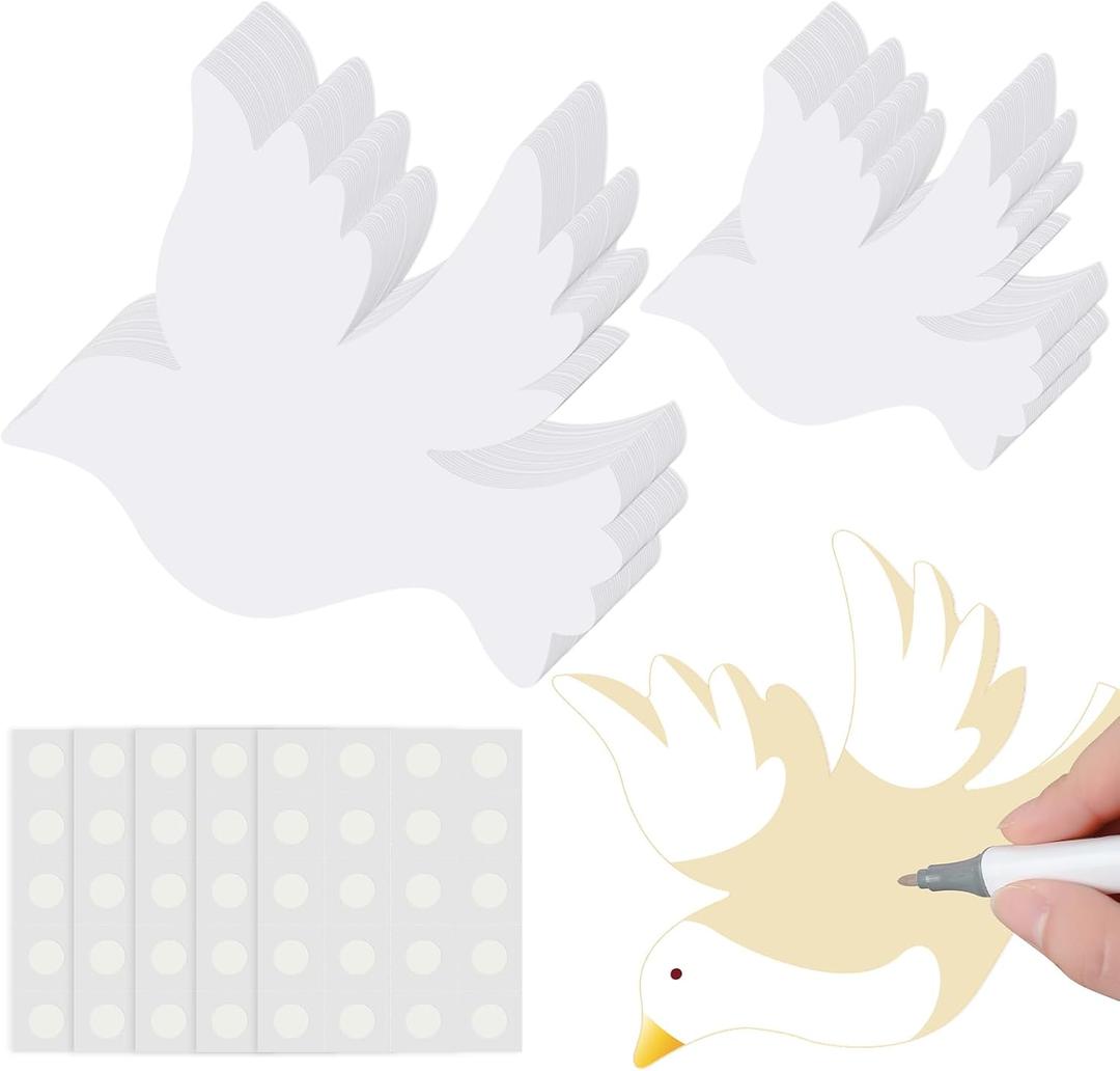 Harloon 100 Pcs Dove Pigeon Paper Cutouts 5.5'' 3.5'' Pentecost White Dove Bulletin Board Classroom Decorations Accents Cut Outs DIY Crafts with 100 Pcs Glue Point for School Party