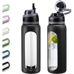 Kodrine 32oz Glass Water Bottle With Straw and 2-IN-1 Lid, Motivational Water Bottle with Time Marker and Silicone Sleeve, Reusable Borosilicate Glass Drinking Bottles for Home, Gym, Sport-Black