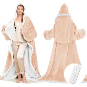 Wearable Heated Blanket with Foot Pocket, Electric Wearable Throw Blanket with Sleeves, Hood, Portable Heated Blanket with 8 Heat Settings, 1-10 Hours Auto Shut-off, Gift for Family, Friends, 50*70" (Beige)