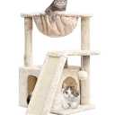 SYANDLVY Cat Tree for Indoor Cats Large Adults, Modern Activity Tower with Scratching Posts & Board, Condo with Plush Perch, Climbing Stand with Cradle & Hanging Ball for Play, Beige