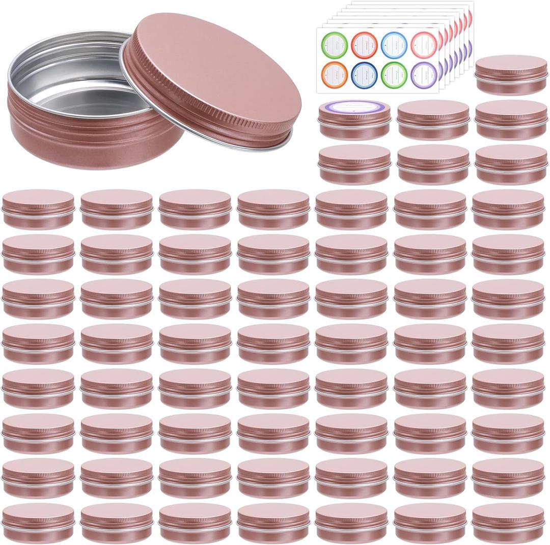 64Pack 2oz Rose Gold Aluminum Tin Jars, Metal Round Tins with Screw Lid for Lotion Bars, Balms, Cream, Salve, Spices, Toiletries or Beard Balm