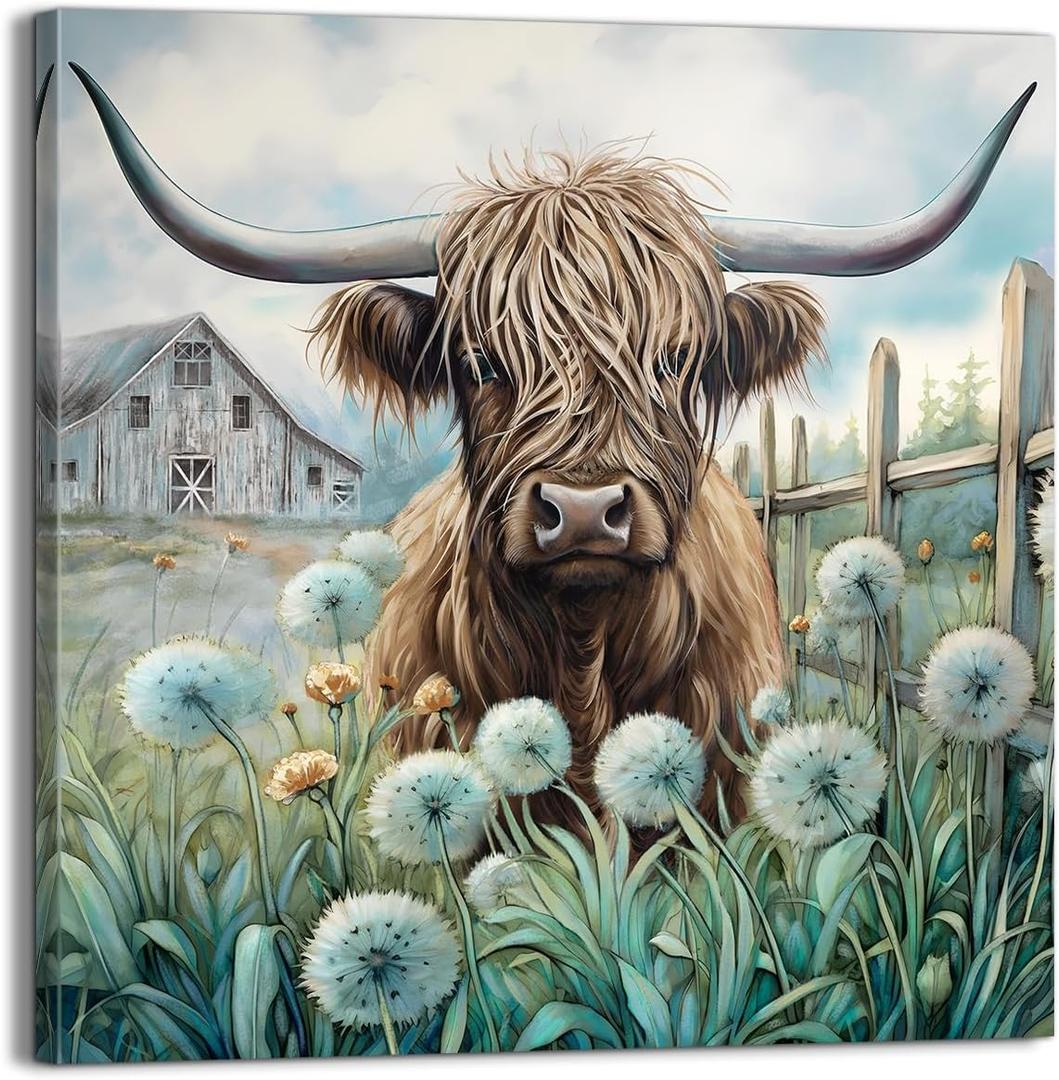 YUEYARIT Farmhouse Highland Cow Wall Decor in Teal and Brown: Rustic Cow and Dandelion picture Canvas Art Print, Gift for Bathroom or Kitchen, Ideal Animal Artwork for Living Room