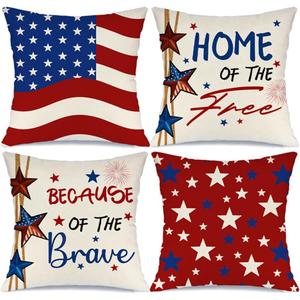4th of July Pillow Covers 18x18 Set of 4 America Flag Stars Independence Day Decorations Home of The Free Memorial Day Patriotic Throw Cushion Case for Home Sofa Couch