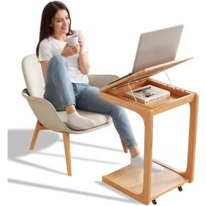 Wooden C-Shaped End Table,Couch Table with Adjustable Desktop,Small Rolling Side Table with 2 Lockable Wheels,Small End Table for Couch, Living Room,Bedroom (Natural) (15.7 inch)