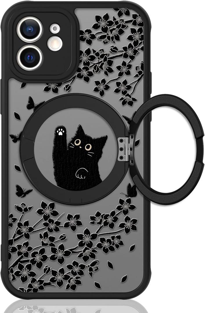 Cute Case for iPhone 12 Case with Stand [ Compatible with MagSafe ] Kawaii Black Cat & Floral & Butterflies Pattern Design 360 Magnetic Ring Kickstand Phone Cover for Women Girls Boys