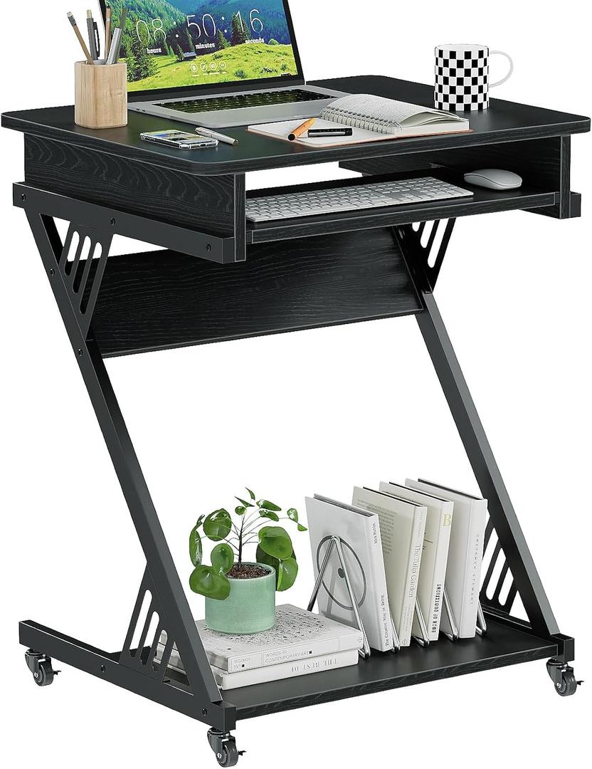 ALISENED Computer Desk for Small Spaces,23.6" Z-Shaped Compact Study Table with Smooth Keyboard Tray,with Wheels and Bottom Shelves for Home Office，Computer Cart Mobile Laptop Cart, 60*48*75 CM