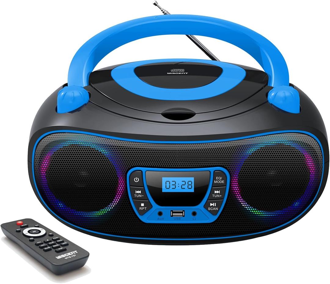 Portable Radio CD Player Boombox with Bluetooth, FM Radio, USB MP3 Playback, AUX-in, Headphone Jack,MP3 CDs Compatible, Kids CD Players for Home or Outdoor (Blue)