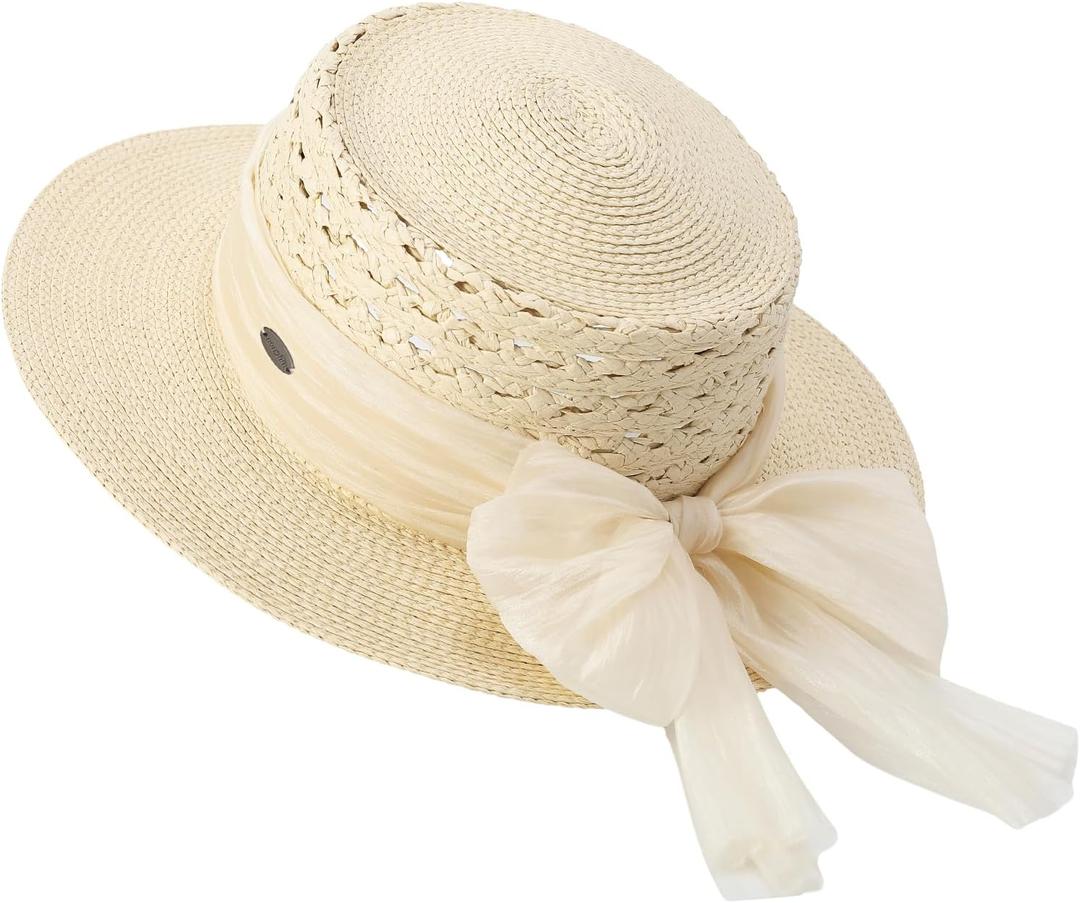 ACUSHLA Straw Sun Hat for Women Wide Brim Vintage Boater Summer Beach (Beige)