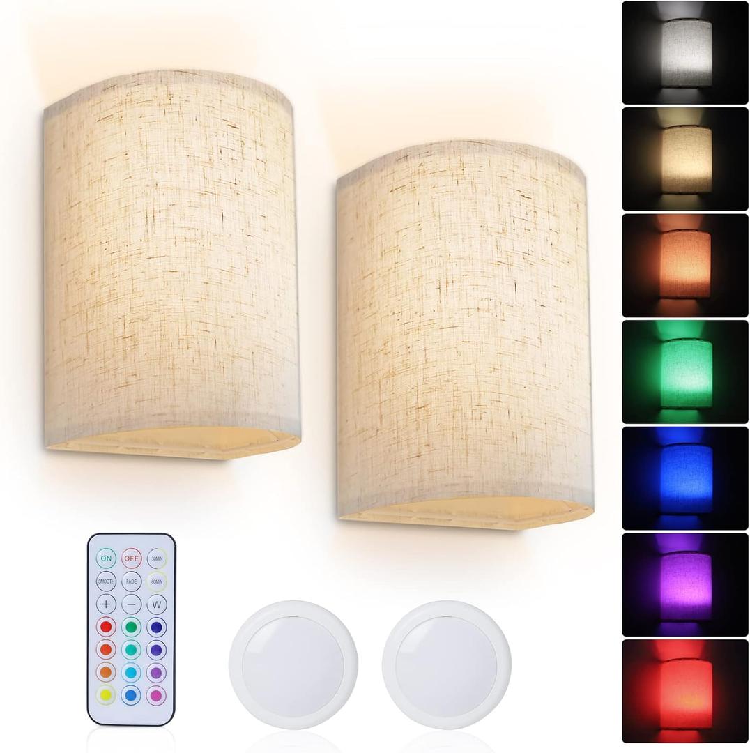 PESUTEN Wall Sconce Lighting Decor, Battery Rechargeable Wall Sconce Set of 2 with Fabric Shade Remote Control, 16 RGB Colors Changeable Dimmable Wall Lamp Fixtures for Bedroom Living Room Hallway