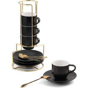 Lareina 3-Ounce Espresso Cups Set Of 4, Small Stackable Coffee Cups with Saucers, Spoons and Metal Stand, Ceramic Demitasse Mugs, Espresso Accessories for Machine, Black