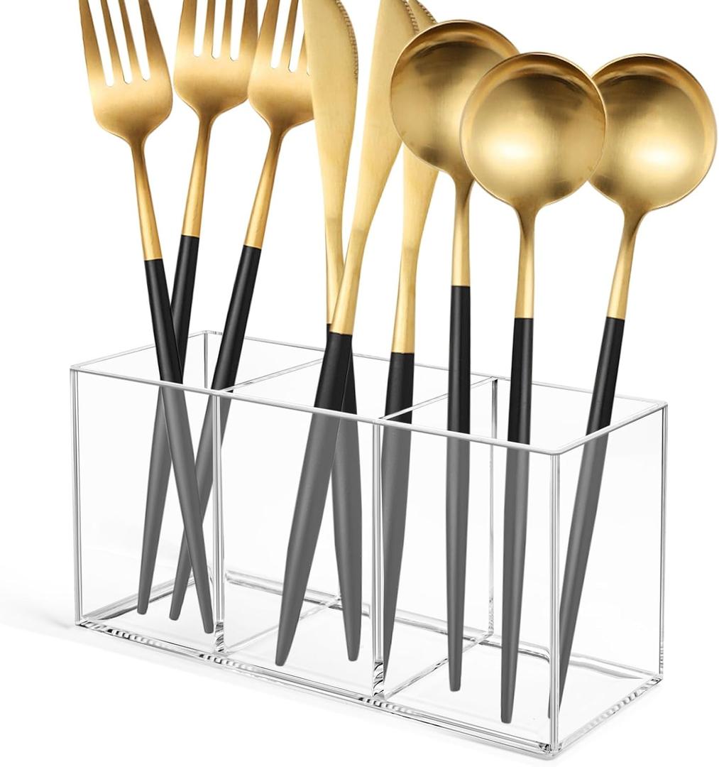 Vowcarol Acrylic Silverware Caddy Cutlery Storage Organizer Bin Clear 3 Compartments Tableware Storage Box for Kitchen Countertop, Knife Spoon and Fork Holder