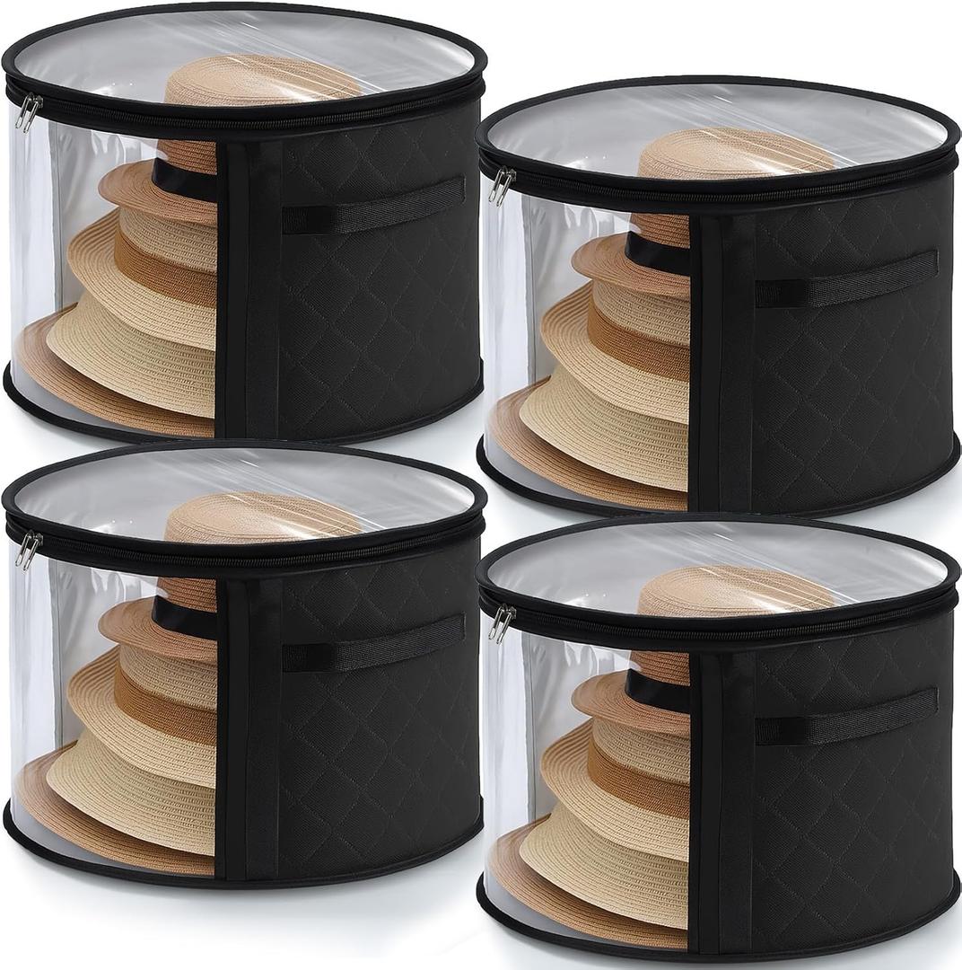 Oversized Clear Hat Storage Box for Women 16.5 x 10.4 Inch Cowboy Hat Storage Box with Lid Hats Bags for Travel Holds up to 7 Caps(Black,4 Pack)