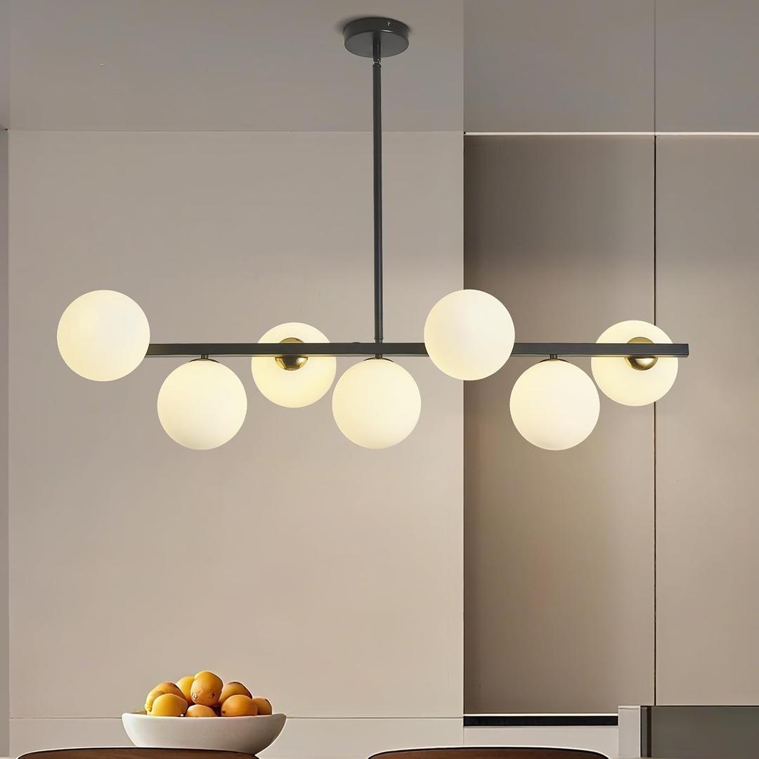 7 Lights Black Linear Globe Chandeliers, Mid Century Modern Chandelier with Milk Glass Shade for Dinning Room, Sputnik Ceiling Light Fixtures Over for Kitchen, Pendant Lights for Living Room