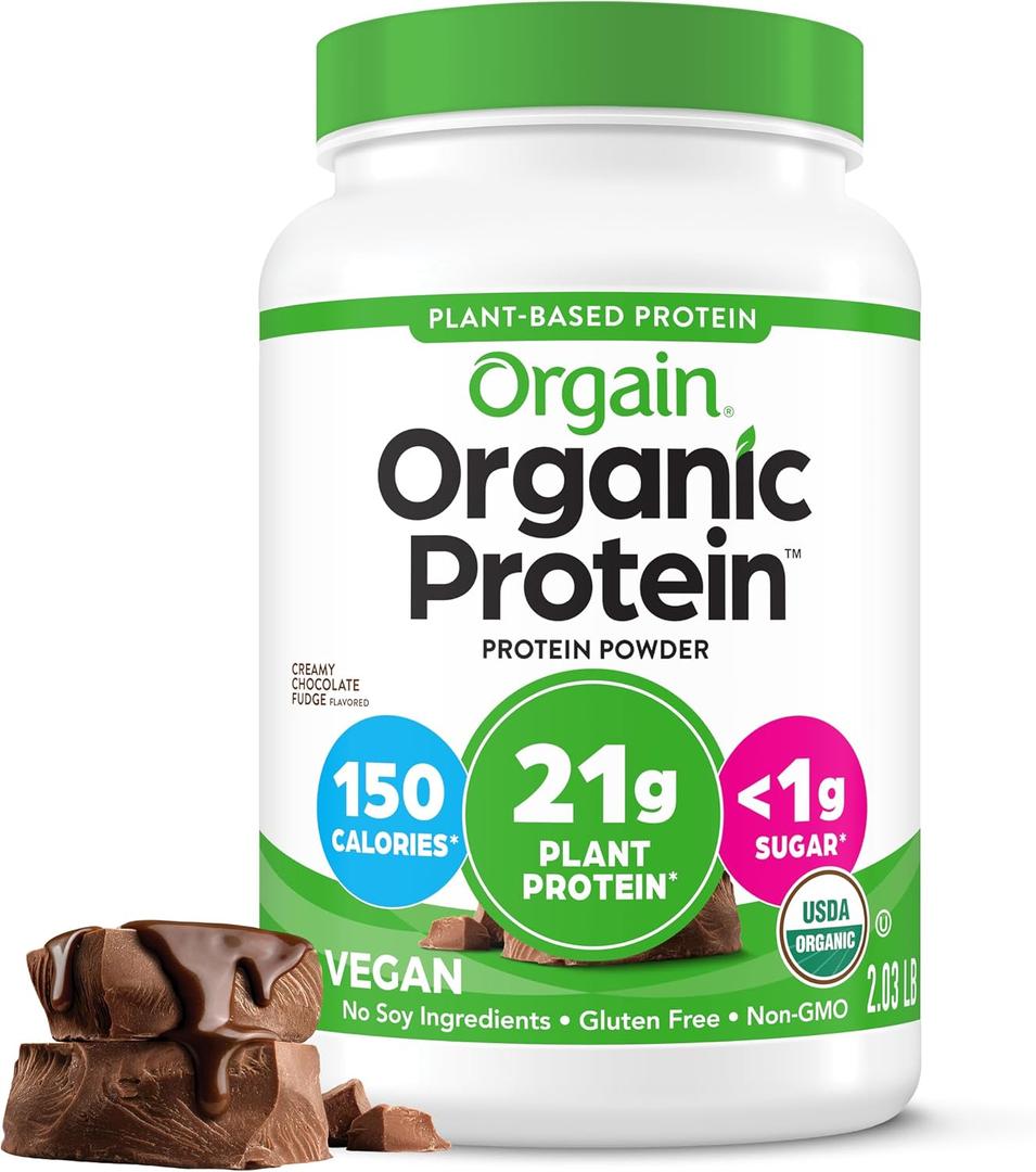 Orgain Organic Vegan Protein Powder, Creamy Chocolate Fudge - 21g Plant Protein, 6g Prebiotic Fiber, Low Net Carb, No Lactose Ingredients, No Added Sugar, Non-GMO, For Shakes & Smoothies, 2.03 lb (EXP 08/19/26)