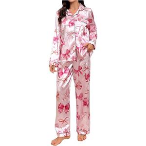Women's 2 Piece Bowknot Print Satin Pajama Set Long Sleeve Button Down Lounge Pants Sleepwear Sets M