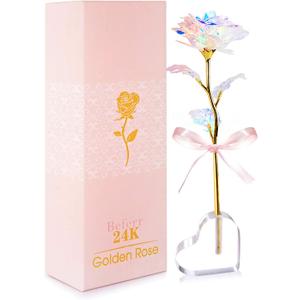 Beferr Gifts for Women Mom Galaxy Rose Glass Crystal Flowers with Heart-Shaped Base Eternal Roses Forever Flowers Mother's Birthday Gifts for Grandma Daughters Wife Sister Kids (Colorful)