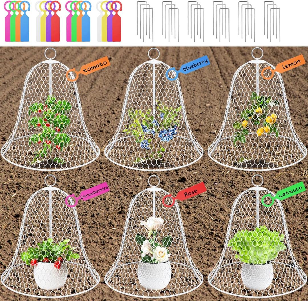OZMI Garden Chicken Wire Cloches for Plants Protectors from Animals 16" D x 12" H 6 Pcs Rustproof Plant Cages for Outdoor Vegetable Flowers Garden Large Assemble-able Metal Cloches White