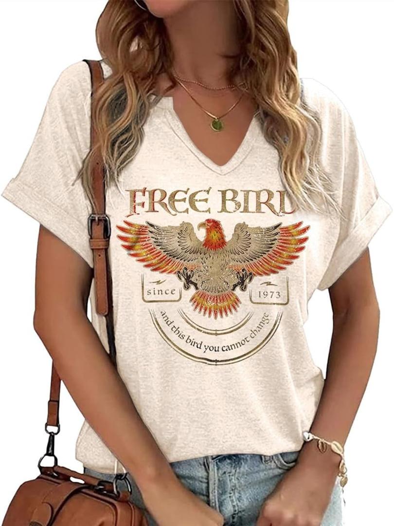Vintage Rock Roll Concert T-Shirt Women Loose Casual Shirt Tops Funny Skeleton Eagle Graphics V Neck Short Sleeve (Small)