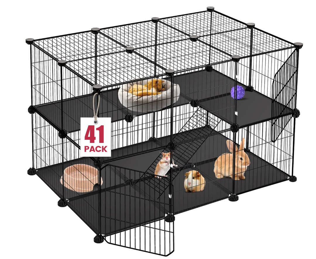 VISCOO 41 Panels Pet Playpen, 35.4" L x 23.6" W x 23.6" H Small Animal Playpen with 2 Doors, C&C Cage for Guinea Pigs,Rabbit,Bunny,Hedgehogs, Puppy Play Pen Indoor Outdoor, TwoStory Chicken Play Pen