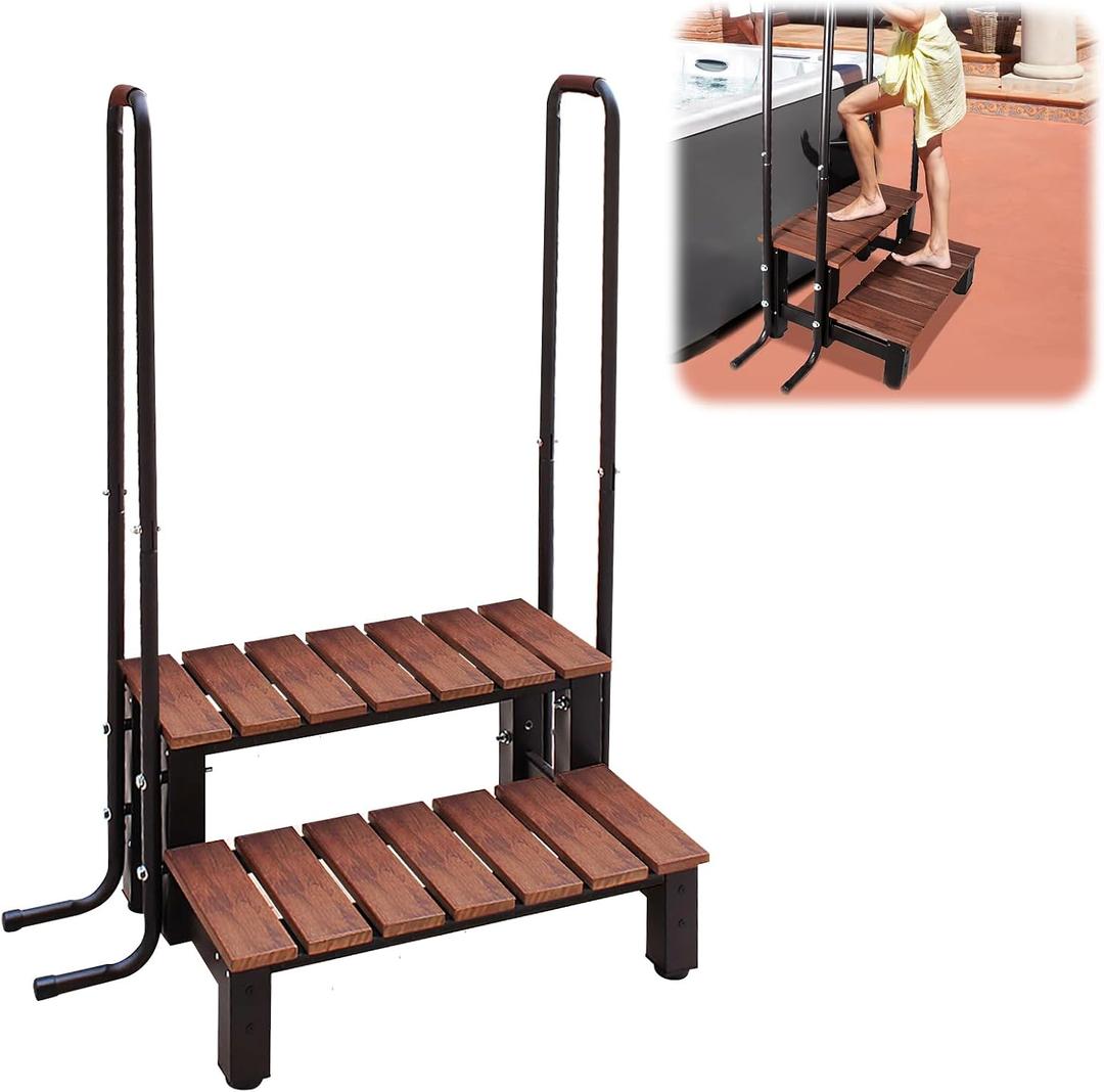 Hot tub Step Stairs with handrails, Spa/Bathtub Two Steps with Railing, Aluminium Bracket & WPC Panels, 300LBs Loading Capacity