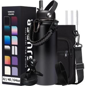 Vacuum Insulated Water Bottle 40oz - w/Straw Lid & Spout Lid, Carrier Bag, Paracord Handle, Bottle Boot, Stainless Steel Water Bottle for Adults, Wide Mouth Thermo Bottle Flask Cold-48H Hot-24H (Black Gray Gradient)